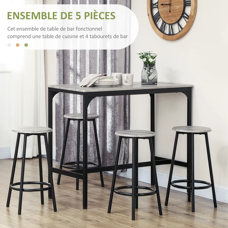 Ensemble table haute 4 tabourets 110 x 50 x 89.5 cm gain de place assise confortable pratique style moderne en MDF gris 21_0002328