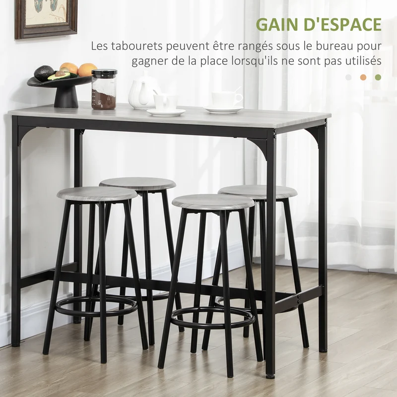 Ensemble table haute 4 tabourets 110 x 50 x 89.5 cm gain de place assise confortable pratique style moderne en MDF gris 21_0002328