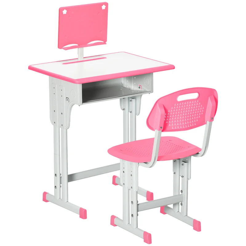Ensemble bureau et chaise enfant chambre 60 x 45 x 90-102 cm réglable rangement support de lecture moderne en PP rose 21_0000193