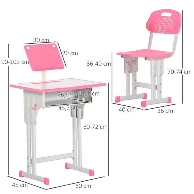 Ensemble bureau et chaise enfant chambre 60 x 45 x 90-102 cm réglable rangement support de lecture moderne en PP rose 21_0000193