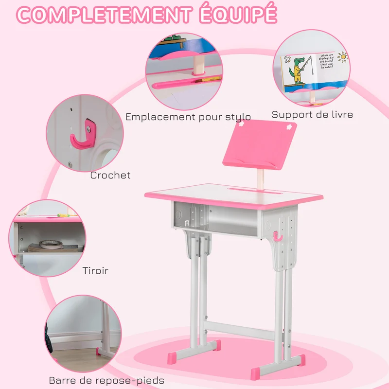 Ensemble bureau et chaise enfant chambre 60 x 45 x 90-102 cm réglable rangement support de lecture moderne en PP rose 21_0000193