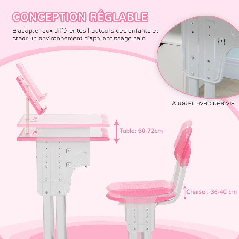 Ensemble bureau et chaise enfant chambre 60 x 45 x 90-102 cm réglable rangement support de lecture moderne en PP rose 21_0000193