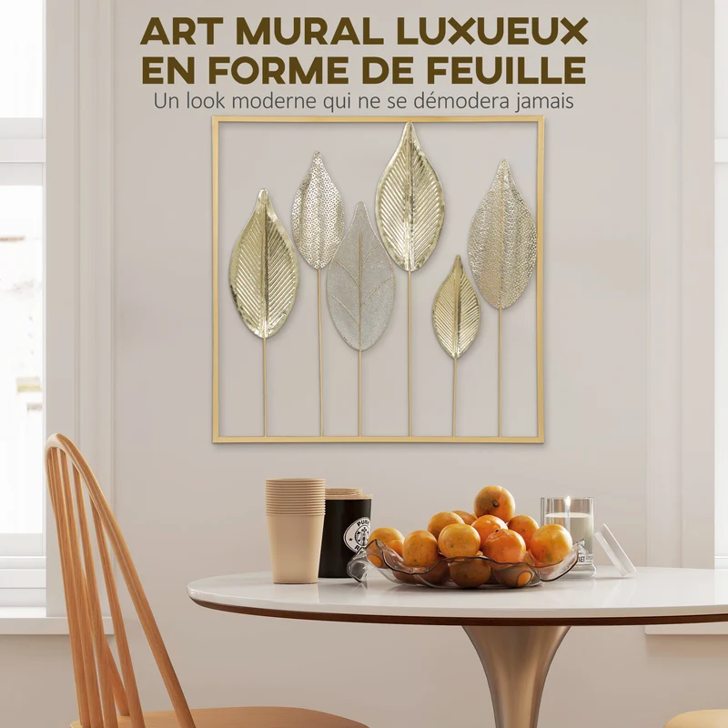 Décoration murale forme feuille salon 70 x 70 x 3 cm livrée assemblée antirouille moderne contemporain en métal doré 21_0003703