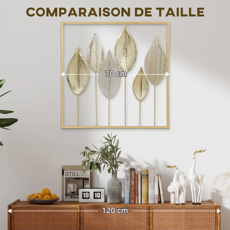 Décoration murale forme feuille salon 70 x 70 x 3 cm livrée assemblée antirouille moderne contemporain en métal doré 21_0003703