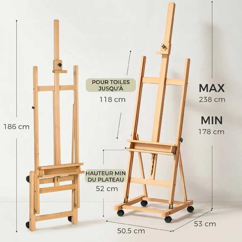 Chevalet d'art pliable sur roulettes 50,5 x 53 x 238 cm hauteur réglable pour toiles 118 cm contemporain en bois naturel 21_0006108