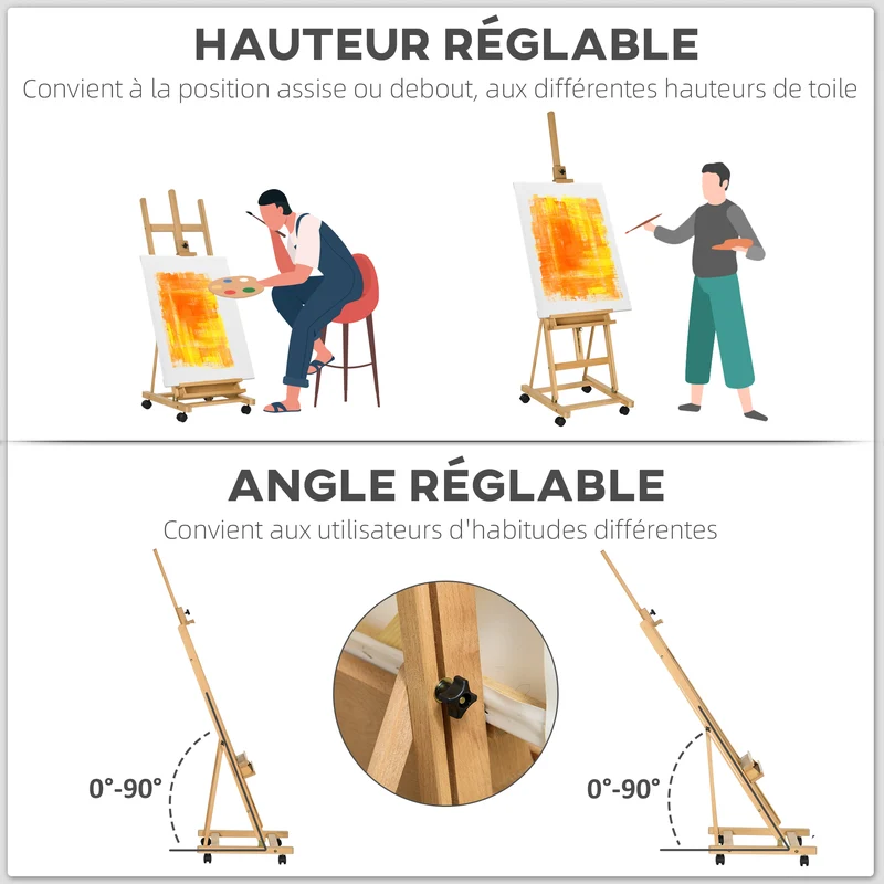 Chevalet d'art pliable sur roulettes 50,5 x 53 x 238 cm hauteur réglable pour toiles 118 cm contemporain en bois naturel 21_0006108