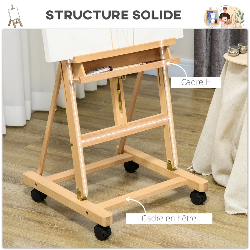 Chevalet d'art pliable sur roulettes 50,5 x 53 x 238 cm hauteur réglable pour toiles 118 cm contemporain en bois naturel 21_0006108