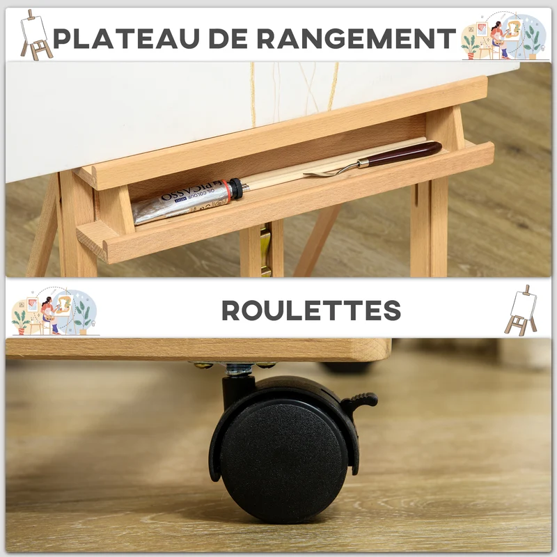 Chevalet d'art pliable sur roulettes 50,5 x 53 x 238 cm hauteur réglable pour toiles 118 cm contemporain en bois naturel 21_0006108