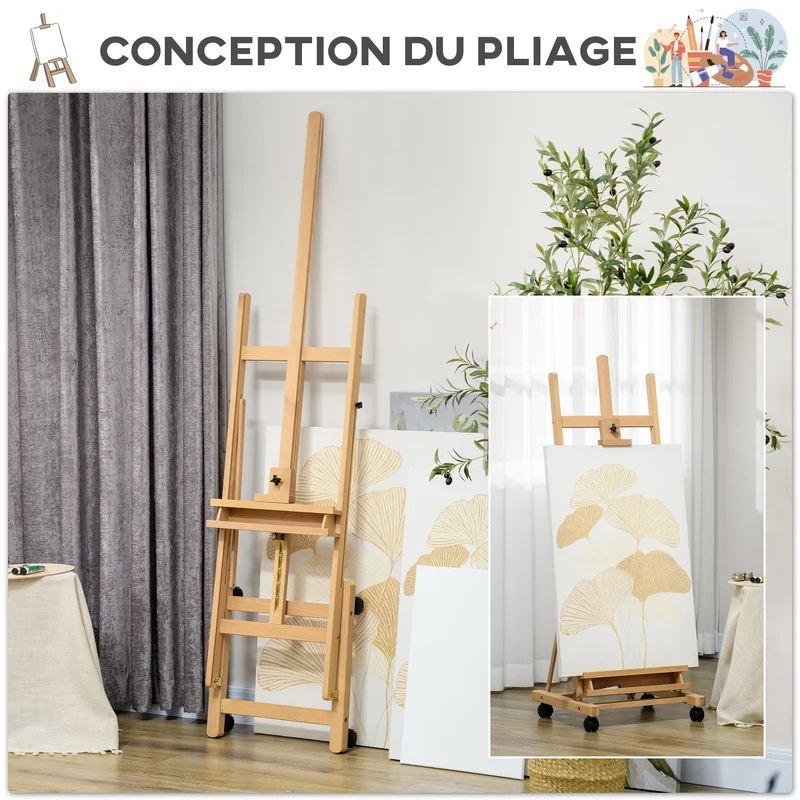 Chevalet d'art pliable sur roulettes 50,5 x 53 x 238 cm hauteur réglable pour toiles 118 cm contemporain en bois naturel 21_0006108