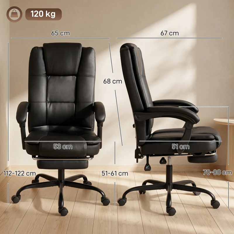 Chaise de bureau ergonomique inclinable 65 x 67 x 112-122 cm repose-pieds rétractable assise 12 cm moderne en PU noir 21_0006337