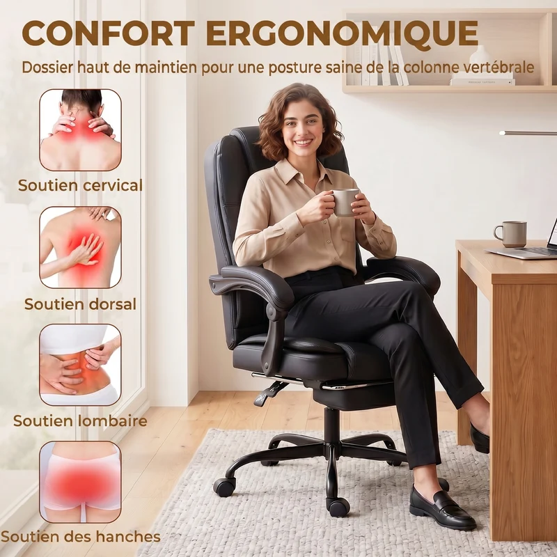 Chaise de bureau ergonomique inclinable 65 x 67 x 112-122 cm repose-pieds rétractable assise 12 cm moderne en PU noir 21_0006337