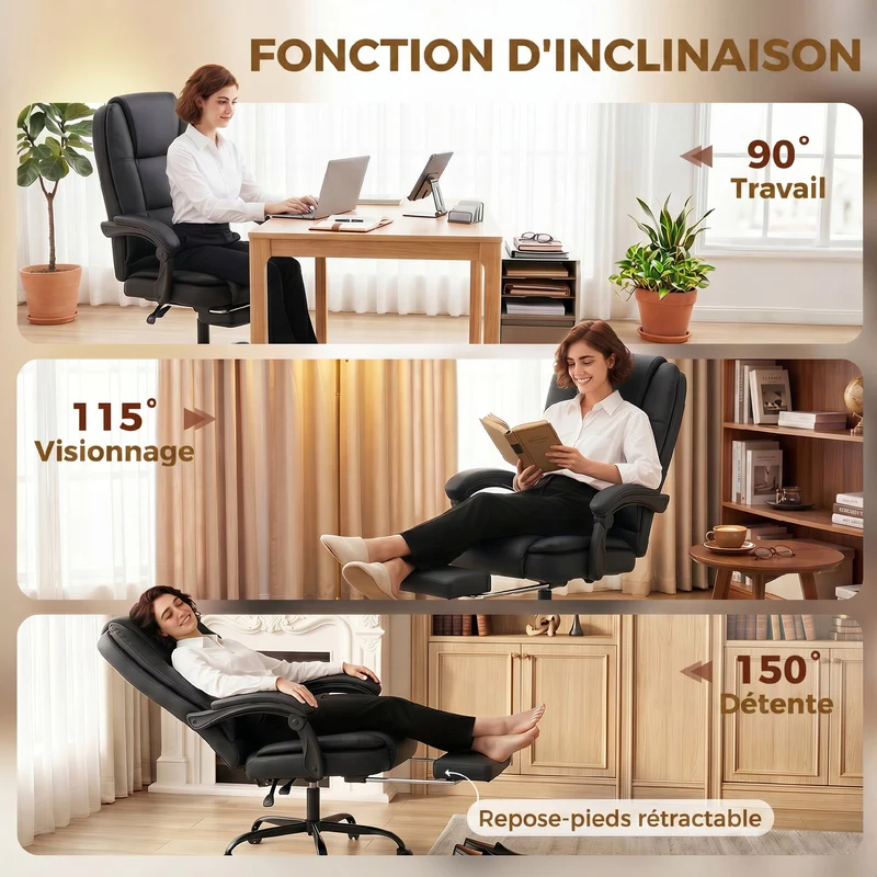 Chaise de bureau ergonomique inclinable 65 x 67 x 112-122 cm repose-pieds rétractable assise 12 cm moderne en PU noir 21_0006337