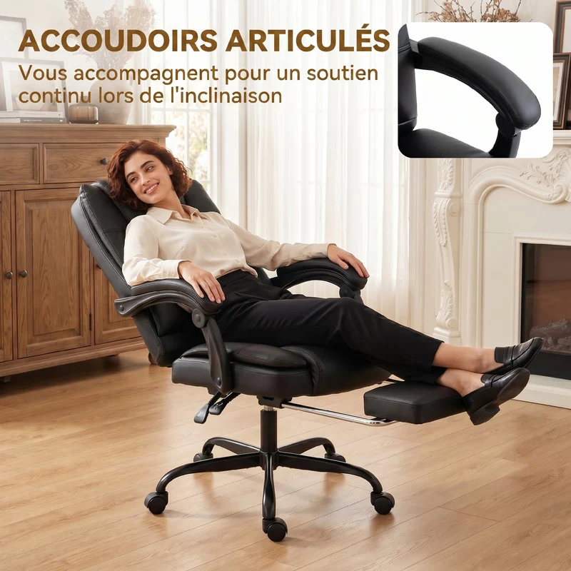 Chaise de bureau ergonomique inclinable 65 x 67 x 112-122 cm repose-pieds rétractable assise 12 cm moderne en PU noir 21_0006337