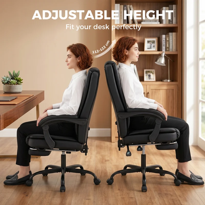 Chaise de bureau ergonomique inclinable 65 x 67 x 112-122 cm repose-pieds rétractable assise 12 cm moderne en PU noir 21_0006337