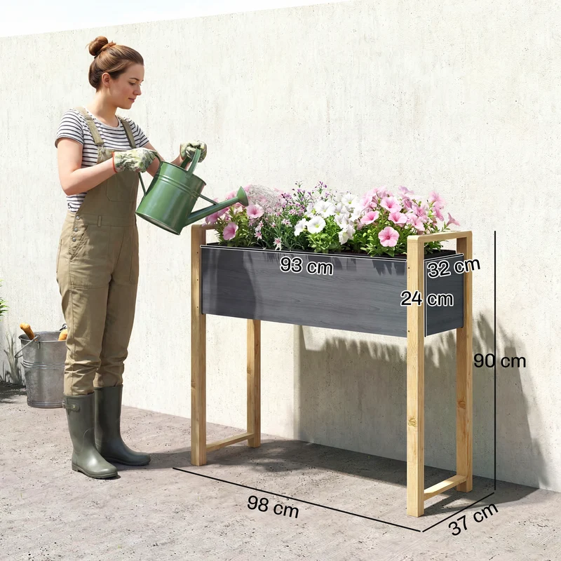 Carré potager surélevé jardin 98 x 37 x 90 cm capacité utile 71 l 4 trous drainage style scandinave épuré en bois gris 21_0005630