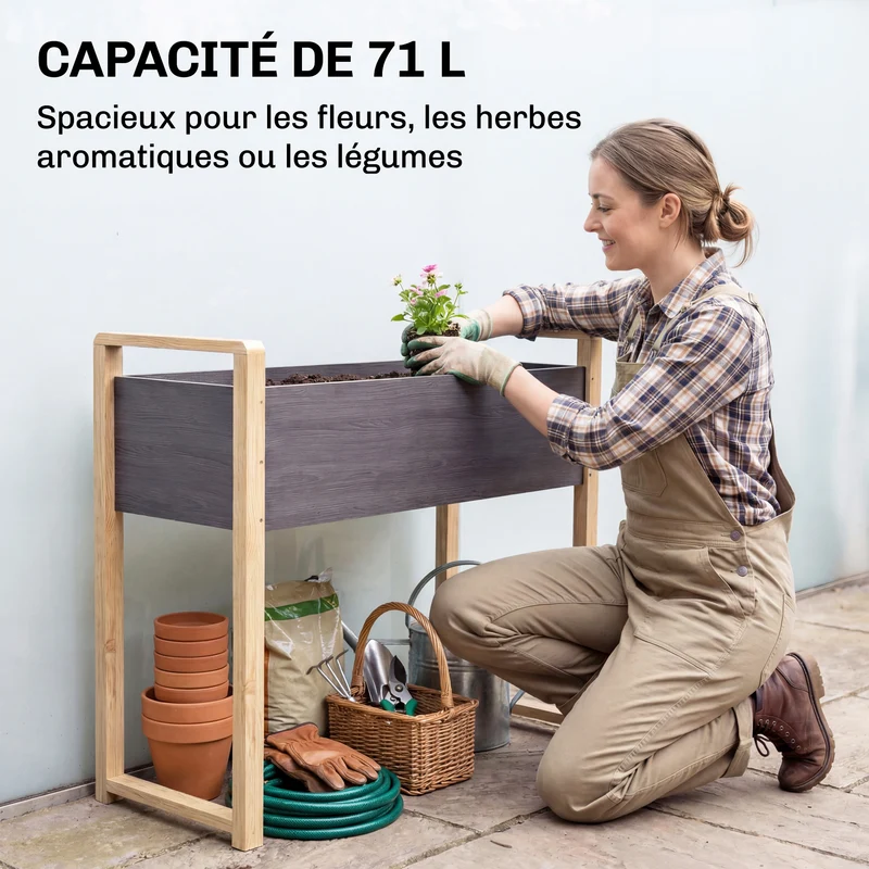 Carré potager surélevé jardin 98 x 37 x 90 cm capacité utile 71 l 4 trous drainage style scandinave épuré en bois gris 21_0005630