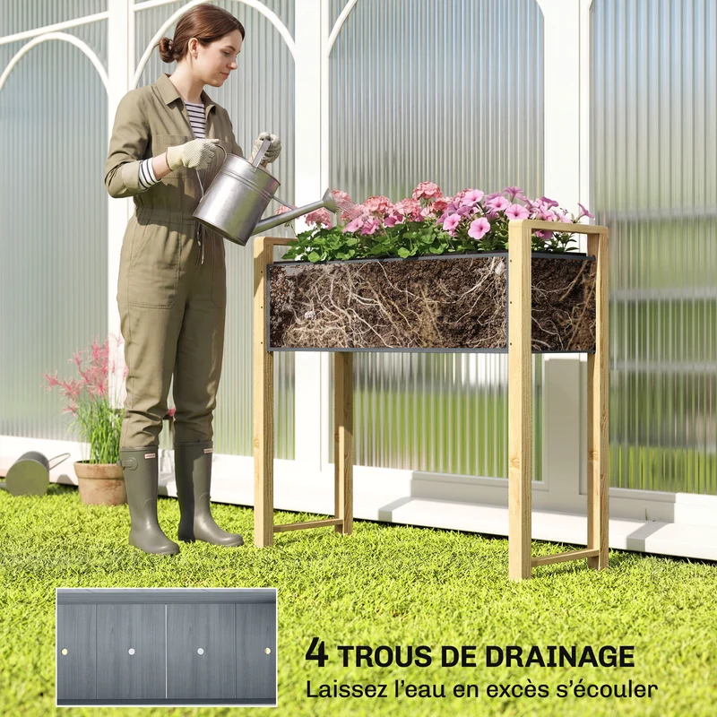 Carré potager surélevé jardin 98 x 37 x 90 cm capacité utile 71 l 4 trous drainage style scandinave épuré en bois gris 21_0005630