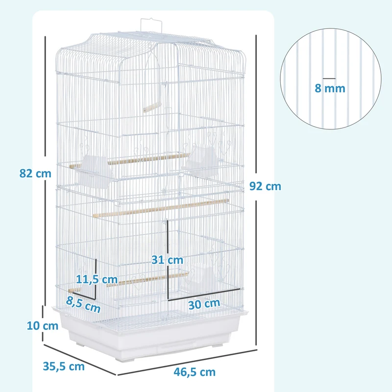 Cage volière suspendue oiseaux 46.5 x 35.5 x 92 cm avec mangeoires perchoirs plateau amovible moderne en métal blanc 21_0007557