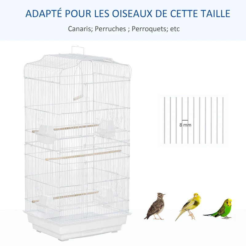 Cage volière suspendue oiseaux 46.5 x 35.5 x 92 cm avec mangeoires perchoirs plateau amovible moderne en métal blanc 21_0007557