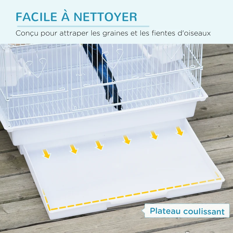 Cage volière suspendue oiseaux 46.5 x 35.5 x 92 cm avec mangeoires perchoirs plateau amovible moderne en métal blanc 21_0007557