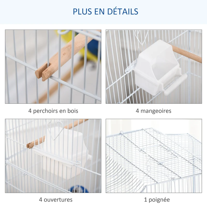 Cage volière suspendue oiseaux 46.5 x 35.5 x 92 cm avec mangeoires perchoirs plateau amovible moderne en métal blanc 21_0007557