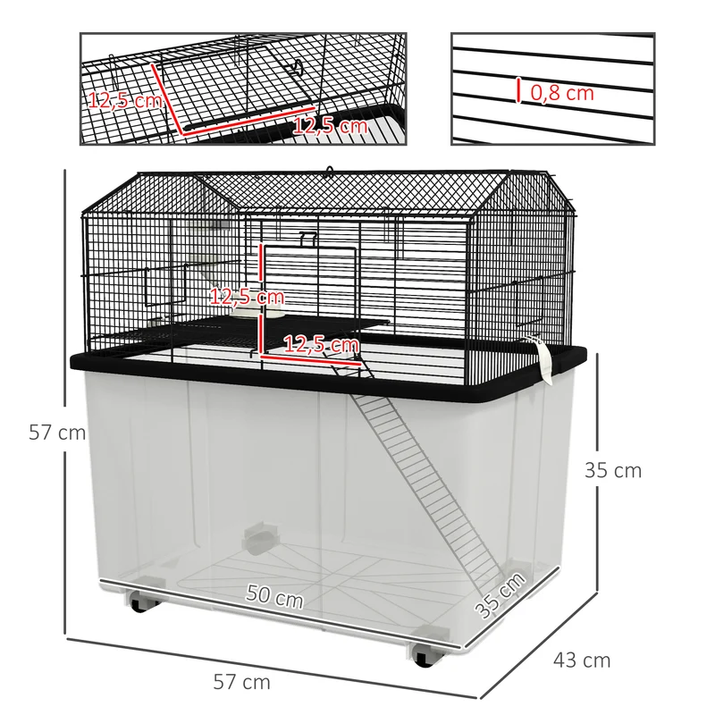 Cage pour hamster 2 étages 57 x 43 x 57 cm plate-forme rampe adaptée hamsters nains salon design moderne en acier noir 21_0007986