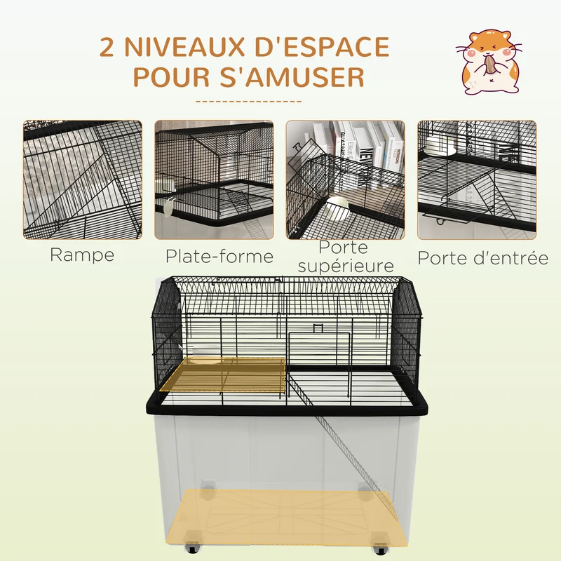 Cage pour hamster 2 étages 57 x 43 x 57 cm plate-forme rampe adaptée hamsters nains salon design moderne en acier noir 21_0007986