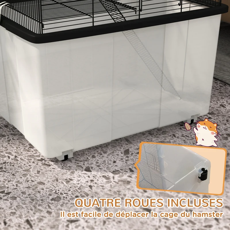 Cage pour hamster 2 étages 57 x 43 x 57 cm plate-forme rampe adaptée hamsters nains salon design moderne en acier noir 21_0007986