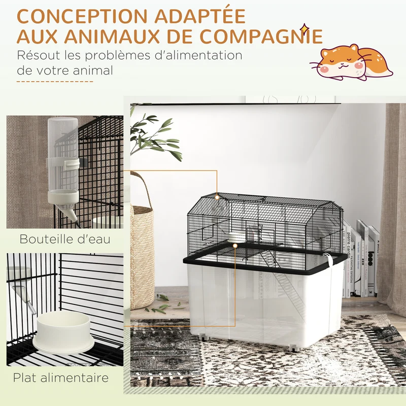 Cage pour hamster 2 étages 57 x 43 x 57 cm plate-forme rampe adaptée hamsters nains salon design moderne en acier noir 21_0007986