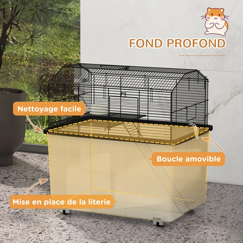 Cage pour hamster 2 étages 57 x 43 x 57 cm plate-forme rampe adaptée hamsters nains salon design moderne en acier noir 21_0007986