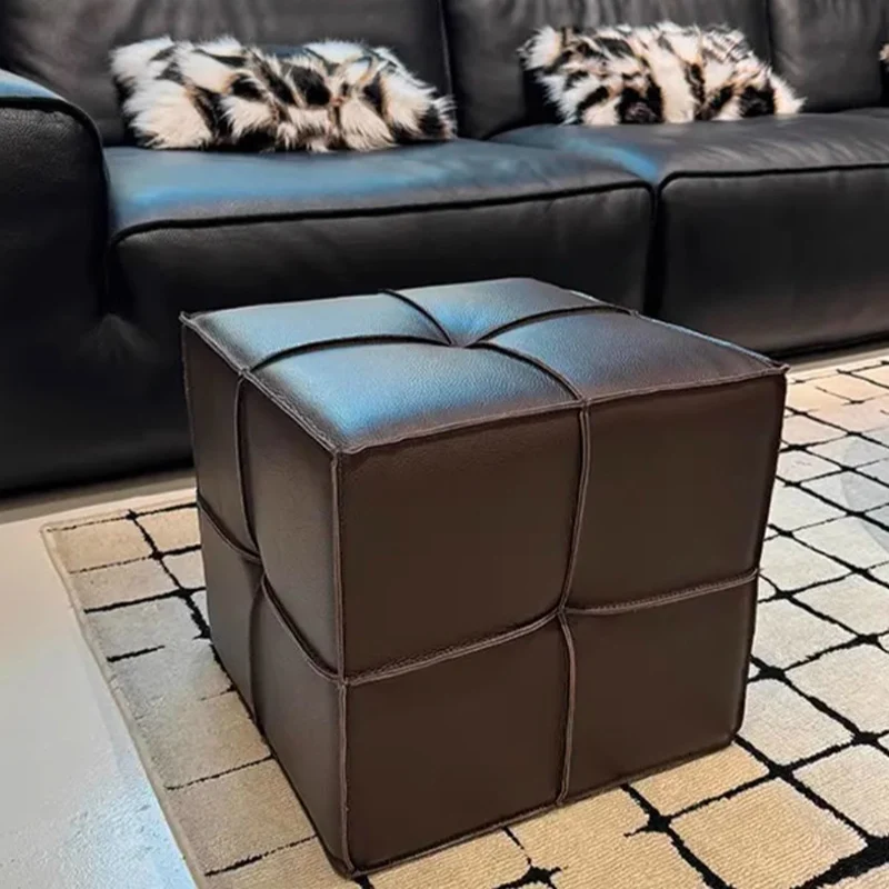 Traditional Vintage Square Plywood Sponge Synthetic Leather Footstool For Living Room