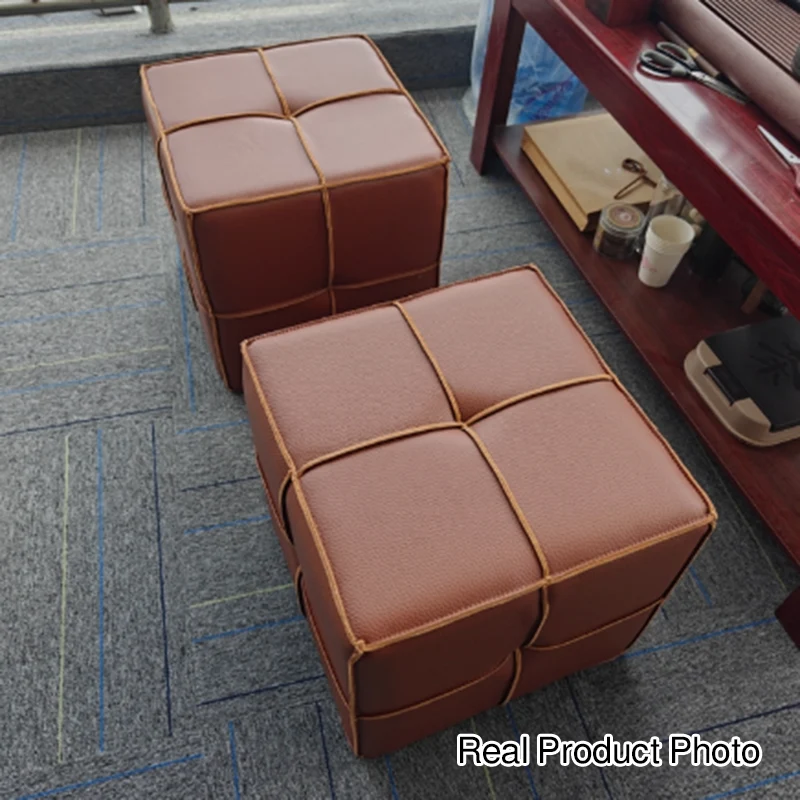 Traditional Vintage Square Plywood Sponge Synthetic Leather Footstool For Living Room