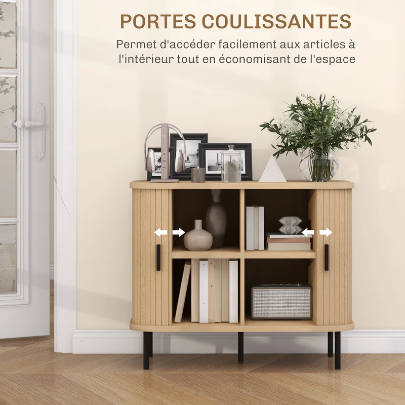 Buffet meuble de rangement salon salle à manger 90 x 40 x 75 cm gain de place 4 compartiments design moderne en MDF chêne 21_0003419