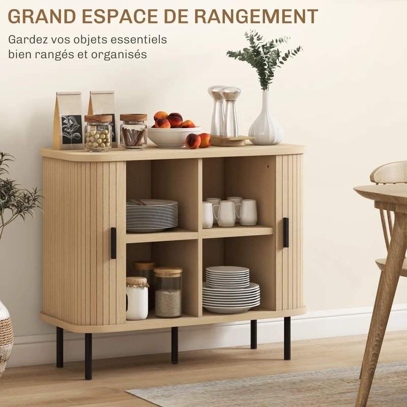 Buffet meuble de rangement salon salle à manger 90 x 40 x 75 cm gain de place 4 compartiments design moderne en MDF chêne 21_0003419