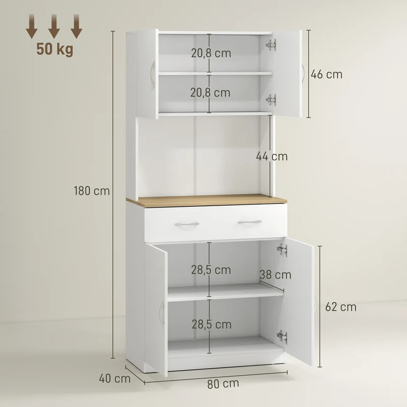 Buffet haut cuisine 80 x 40 x 180 cm rangement tiroir étagères réglables moderne épuré en panneau de particules blanc 21_0002255