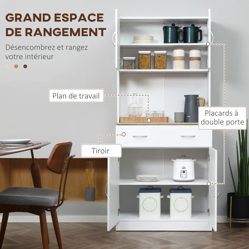 Buffet haut cuisine 80 x 40 x 180 cm rangement tiroir étagères réglables moderne épuré en panneau de particules blanc 21_0002255