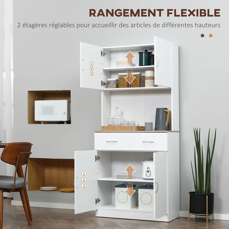 Buffet haut cuisine 80 x 40 x 180 cm rangement tiroir étagères réglables moderne épuré en panneau de particules blanc 21_0002255