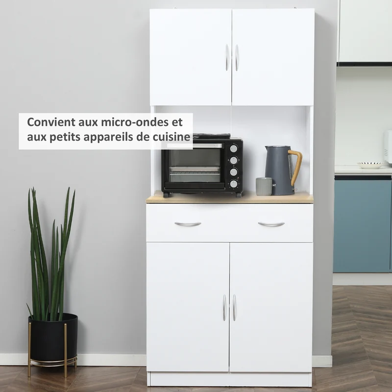 Buffet haut cuisine 80 x 40 x 180 cm rangement tiroir étagères réglables moderne épuré en panneau de particules blanc 21_0002255