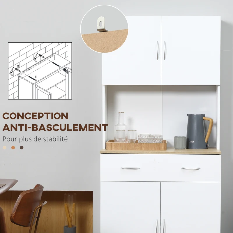 Buffet haut cuisine 80 x 40 x 180 cm rangement tiroir étagères réglables moderne épuré en panneau de particules blanc 21_0002255