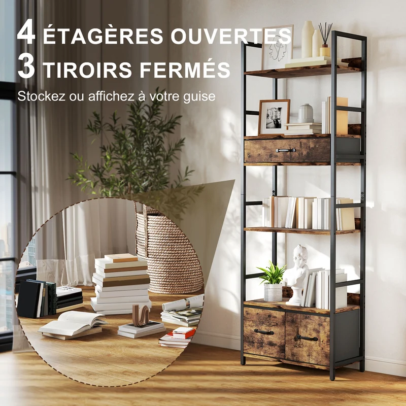 Bibliothèque étagère rangement salon 60 x 30 x 176 cm 4 étagères 3 tiroirs gain de place sûr industriel en bois brun 21_0002986