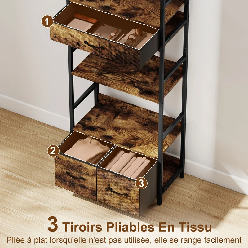 Bibliothèque étagère rangement salon 60 x 30 x 176 cm 4 étagères 3 tiroirs gain de place sûr industriel en bois brun 21_0002986