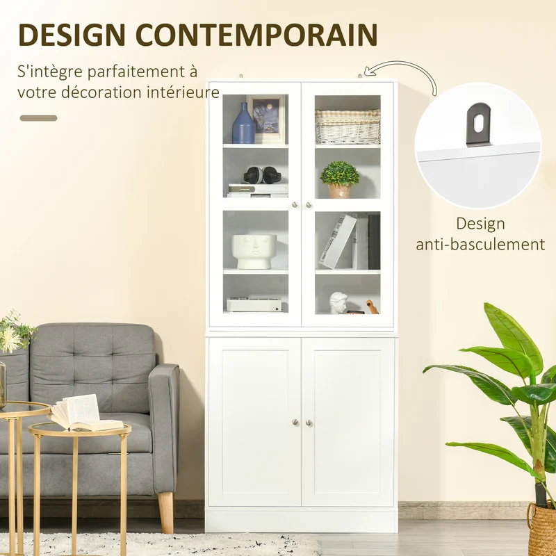 Bibliothèque vitrine pour salon bureau chambre 76 x 40 x 178,5 cm étagères réglables sécurisée moderne en MDF blanc 21_0002477