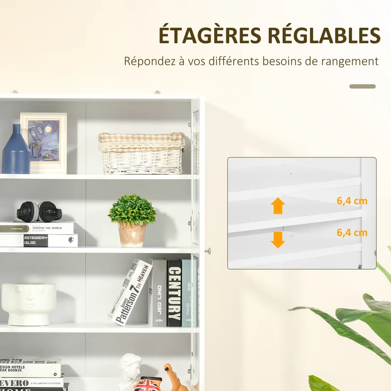 Bibliothèque vitrine pour salon bureau chambre 76 x 40 x 178,5 cm étagères réglables sécurisée moderne en MDF blanc 21_0002477