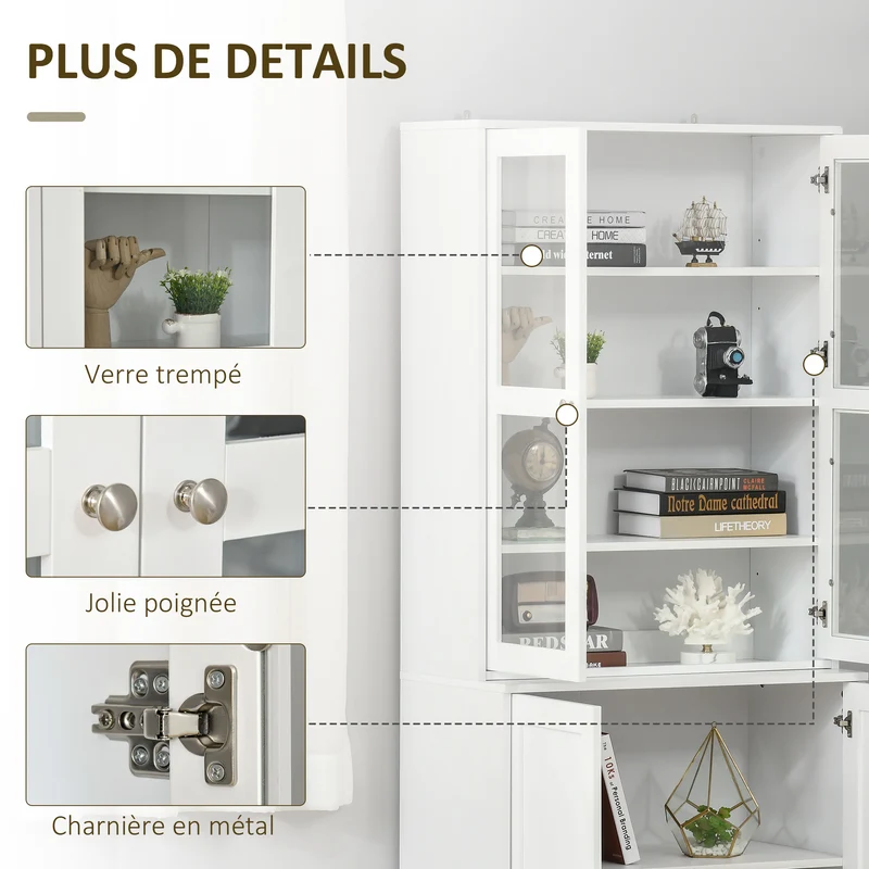 Bibliothèque vitrine pour salon bureau chambre 76 x 40 x 178,5 cm étagères réglables sécurisée moderne en MDF blanc 21_0002477