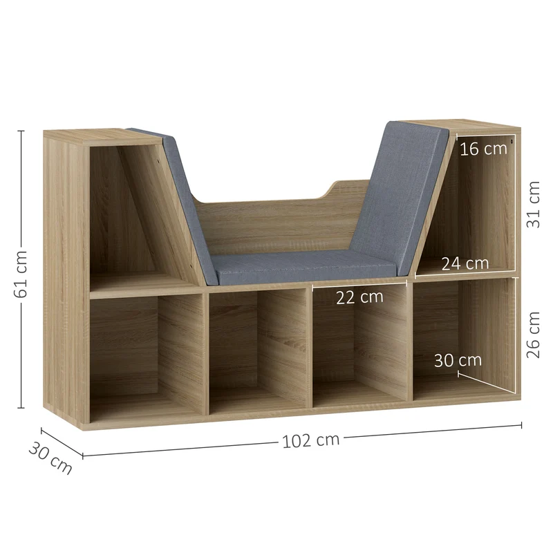 Bibliothèque banc 2 en 1 102 x 30 x 61 cm coin lecture 6 casiers salon contemporain épuré finition mate en bois gris 21_0002414