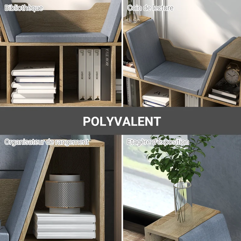 Bibliothèque banc 2 en 1 102 x 30 x 61 cm coin lecture 6 casiers salon contemporain épuré finition mate en bois gris 21_0002414