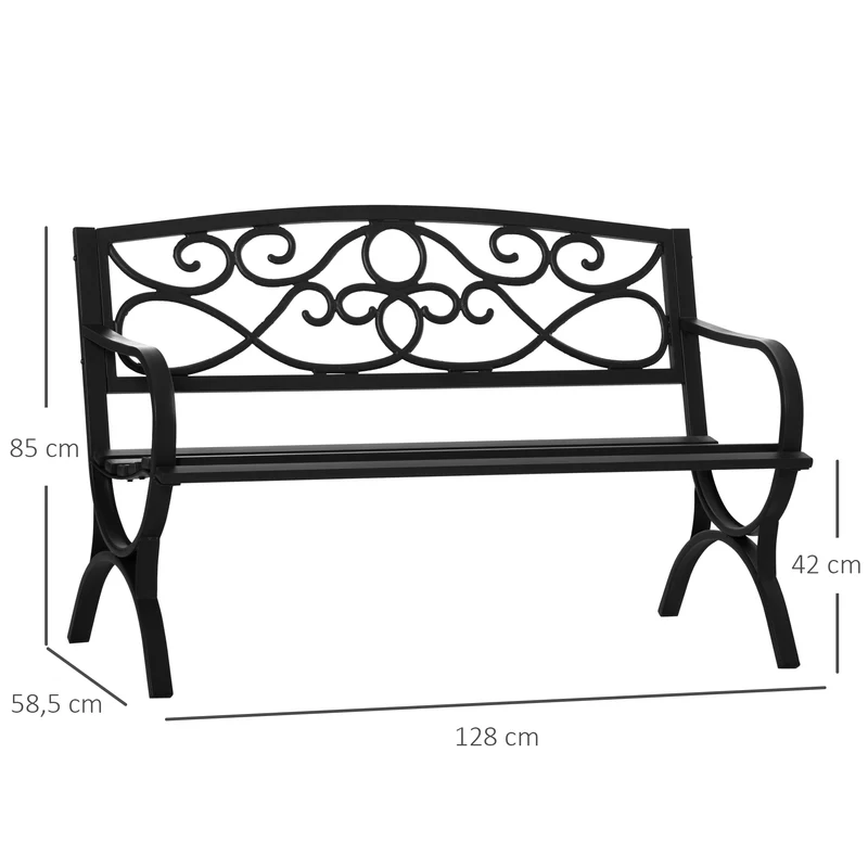 Banc de jardin 2 places épuré contemporain dossier incliné 128 x 58.5 x 85 cm assise à lattes drainante en acier noir 21_0004687