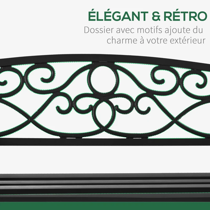 Banc de jardin 2 places épuré contemporain dossier incliné 128 x 58.5 x 85 cm assise à lattes drainante en acier noir 21_0004687
