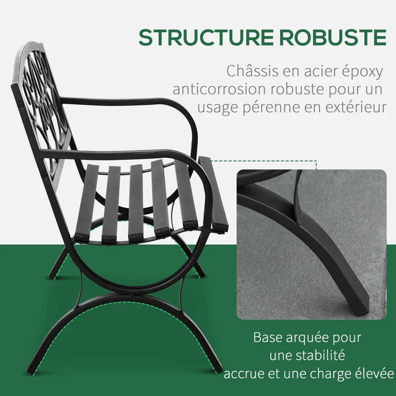 Banc de jardin 2 places épuré contemporain dossier incliné 128 x 58.5 x 85 cm assise à lattes drainante en acier noir 21_0004687
