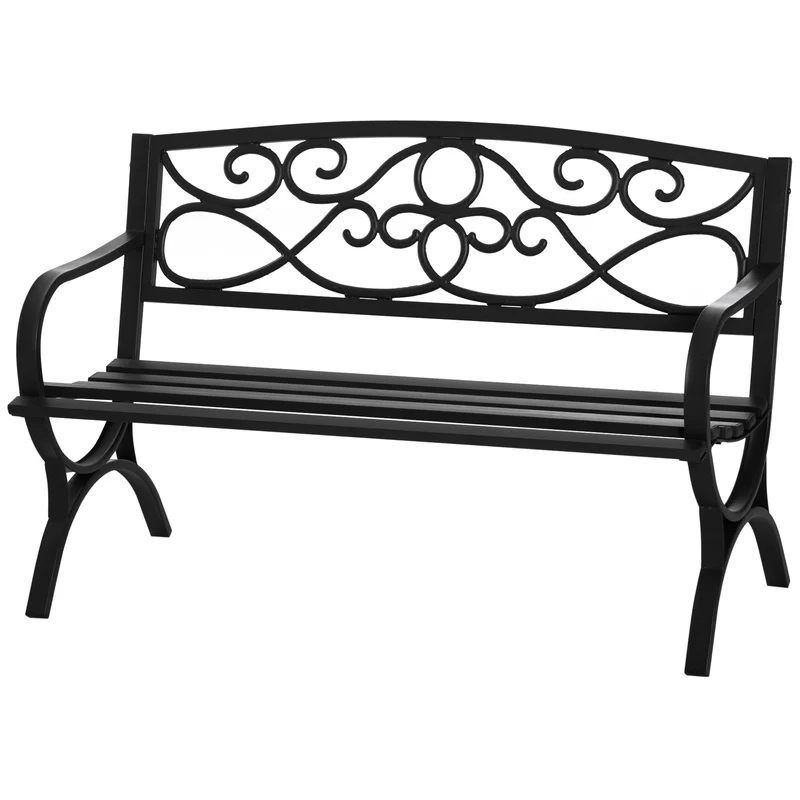 Banc de jardin 2 places épuré contemporain dossier incliné 128 x 58.5 x 85 cm assise à lattes drainante en acier noir 21_0004687
